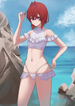 1girl adjusting_clothes alternate_costume ange_katrina arm_up artist_request bare_shoulders bikini blue_eyes blue_sky breasts closed_mouth cloud collarbone contrapposto day frilled_bikini frills gradient_eyes hair_between_eyes hair_intakes halterneck highres holding holding_own_hair looking_down medium_hair multi-strapped_bikini_bottom multicolored_eyes navel nijisanji ocean outdoors purple_eyes red_hair rock sky small_breasts solo source_request standing swimsuit virtual_youtuber white_bikini