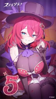 1girl bare_shoulders black_hat bodystocking breasts cleavage commentary_request deyui elbow_gloves flora_(stella_sora) flower frilled_thigh_strap gloves hair_ornament hand_up hat highres holding holding_flower large_breasts long_hair looking_at_viewer official_art parted_lips red_flower red_rose rose sitting smile solo stella_sora thigh_strap top_hat