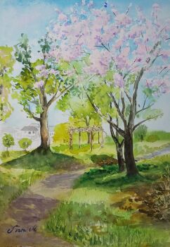blue_sky building cherry_blossoms day highres house monsisiro411823 no_humans original outdoors painting_(medium) park path road scenery sky traditional_media watercolor_(medium)