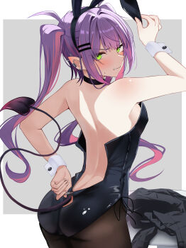 1girl absurdres animal_ear_hairband animal_ears bare_back black_choker black_leotard black_pantyhose blush choker clenched_teeth clothing_cutout commentary demon_tail ear_piercing embarrassed fake_animal_ears from_behind green_eyes hair_ornament hairband hairclip highres hololive jacket leotard long_hair micon pantyhose parallel_hairclips partially_unzipped piercing playboy_bunny pointy_ears purple_hair rabbit_ear_hairband rabbit_ears side-tie_leotard solo standing symbol-only_commentary tail tail_through_clothes teeth tokoyami_towa twintails unworn_jacket wrist_cuffs