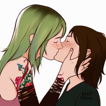 2girls arm_tattoo artist_name blush brown_hair chloe_price closed_eyes commentary dexi_(dexi_draws) english_commentary fingernails freckles from_behind green_hair hand_on_another's_face highres jewelry kiss life_is_strange_(series) long_hair max_caulfield multiple_girls profile ring short_hair simple_background sleeveless tattoo white_background yuri
