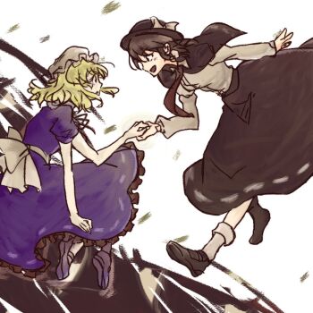 Rule 34 | 2girls, back bow, black capelet, black hat, black ribbon, black skirt, blush, boots, bow, brown boots, brown hair, capelet, collared dress, collared shirt, contrast collar, dancing, dress, dress bow, dress ribbon, floating, frilled dress, frills, hair between eyes, hair bow, hand on another's hand, hat, hat bow, long dress, long skirt, long sleeves, looking at another, maribel hearn, mob cap, multiple girls, necktie, purple dress, purple shoes, red necktie, ribbon, sanwa no jako (daikichi club), sash, shirt, shoes, short hair, skirt, sleeve cuffs, socks, touhou, usami renko, white background, white bow, white hat, white sash, white shirt, white socks