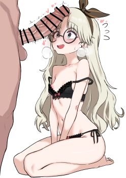 1boy 1girl :d aqua_eyes arms_between_legs bar_censor bare_legs bare_shoulders barefoot black_bra black_hairband black_panties blonde_hair blush bow bow_bra bow_hairband bow_panties bra breasts breath censored collarbone curly_hair erection flying_sweatdrops from_side full_body glasses hairband hands_between_legs head_out_of_frame heart hetero lace lace-trimmed_bra lace-trimmed_panties lace_trim large_penis loli long_hair looking_at_penis looking_up navel nipple_slip nipples oldsickkim open_mouth original panties parted_bangs penis penis_awe seiza side-tie_panties simple_background sitting small_breasts smile solo_focus strap_slip string_panties striped_clothes striped_hairband sweatdrop teeth toes underwear upper_teeth_only white_background