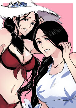 2girls absurdres anno_im bikini black_hair bleach bleach:_brave_souls blue_eyes braid braided_ponytail commentary_request dual_persona hair_over_shoulder hat highres long_hair multiple_girls navel one-piece_swimsuit red_bikini single_braid sun_hat swimsuit unohana_retsu white_one-piece_swimsuit