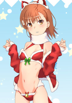 1girl animal_ear_hairband animal_ears asymmetrical_bangs bell bikini blue_background brown_eyes brown_hair cat_ears commentary fake_animal_ears fur-trimmed_bikini fur-trimmed_jacket fur_collar fur_trim gluteal_fold hair_ornament hairband hairpin hands_up jacket jingle_bell looking_at_viewer misaka_mikoto off_shoulder open_clothes open_jacket parted_lips raika9 red_bikini red_jacket santa_bikini santa_costume short_hair sleeves_past_wrists solo swimsuit toaru_kagaku_no_railgun toaru_majutsu_no_index