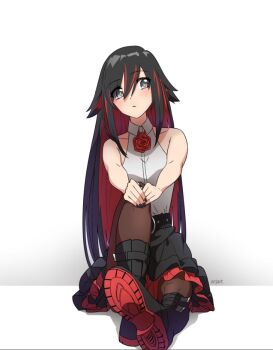 1girl alternate_hair_length alternate_hairstyle ar_jart artist_name bare_shoulders black_hair black_socks boots colored_inner_hair long_hair multicolored_hair red_hair ruby_rose rwby skirt socks solo two-tone_hair white_background