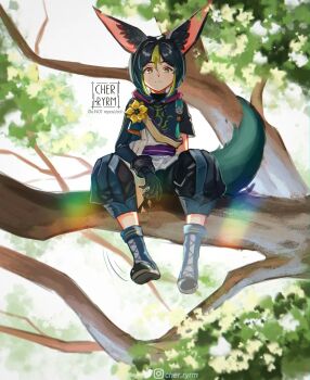 1boy animal_ear_fluff animal_ears artist_logo asymmetrical_sleeves baggy_pants black_gloves black_hair black_pants blue_shoes closed_mouth commentary cropped_hoodie english_commentary flower full_body genshin_impact gloves green_eyes green_hair green_hoodie green_tail hair_between_eyes highres hood hood_down hoodie in_tree instagram_logo lens_flare light_smile logo long_sleeves looking_at_viewer male_focus motion_lines multicolored_hair on_branch on_tree pants plant ryrmcher shoe_soles shoes short_hair short_sleeves signature sitting sitting_in_tree sitting_on_branch solo streaked_hair sunlight tail tail_raised tighnari_(genshin_impact) tree twitter_logo uneven_sleeves watermark yellow_flower