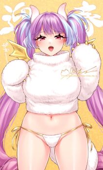 1girl blue_hair blush breasts chinese_zodiac dragon_horns dragon_wings groin hand_on_own_chest horns long_hair looking_at_viewer macross macross_delta medium_breasts mikumo_guynemer mittens multicolored_hair navel panties purple_eyes purple_hair sasanoneko signature smile solo streaked_hair sweater tail thong twintails underwear very_long_hair watermark web_address white_panties white_sweater wings year_of_the_dragon
