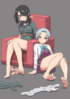 Rule 34 | 2girls, absurdres, barefoot, black hair, collared shirt, commentary request, couch, dress, dress shirt, green shirt, grey background, grey hair, hair over one eye, halter dress, halterneck, highres, kantai collection, kumano maru (kancolle), long hair, military uniform, multiple girls, pleated dress, purple dress, red eyes, shirt, short hair, socks, sosorin, tamanami (kancolle), unworn socks, white shirt, yellow eyes