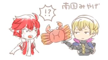 Rule 34 | blonde hair, cape, crab, fire emblem, fire emblem fates, hachimaru (ediciusa), hairband, hinoka (fire emblem), leo (fire emblem fates), nintendo, older female and younger male, red eyes, red hair, short hair, simple background, sweat