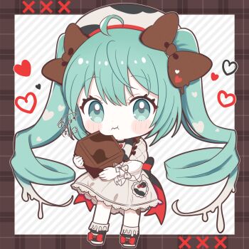 1girl :t ahoge aobahosino black_shoes blush_stickers border bow brown_border brown_bow chibi chibi_only chocolate closed_mouth commentary_request dress eating food full_body green_eyes green_hair grey_background hair_bow hat hatsune_miku holding holding_chocolate holding_food long_hair long_sleeves looking_at_viewer outside_border shoes signature sleeve_bow solo standing striped_background twintails very_long_hair vocaloid white_bow white_dress white_hat