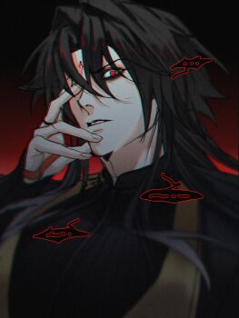 ... 1boy absurdres bags_under_eyes black_hair commentary english_commentary gradient_background hand_on_own_face highres long_hair looking_at_viewer male_focus one_eye_covered parted_lips phainonsceo portrait red_eyes solo ye_shiyuan zenless_zone_zero