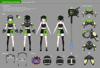 1girl a5235 absurdres armor asymmetrical_legwear bare_shoulders black_gloves black_hair black_shoes black_shorts black_thighhighs closed_mouth commentary crop_top death_hammer_chouloky double_bun english_commentary english_text full_body glasses gloves goggles goggles_on_head green_eyes green_hair grey_background hair_bun highres korean_text lance looking_at_viewer midriff multicolored_hair multiple_views official_art polearm reference_sheet shoes short_hair shorts simple_background single_thighhigh thighhighs turnaround twintails virtual_youtuber waktaverse weapon