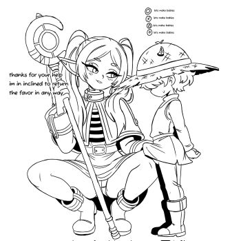 1boy 1girl age_difference belt blush boots bulge elf english_text erection erection_under_clothes frieren hat hetero jacket monochrome onee-shota panties playstation_symbols pointy_ears shirt shota skirt sousou_no_frieren squatting staff_(weapon) straw_hat striped_clothes striped_shirt sweatdrop typo underwear unepicroachy