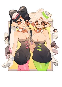 +_+ 2girls breasts callie_(splatoon) earrings gloves highres jewelry large_breasts magic_qy marie_(splatoon) multiple_girls nintendo pointy_ears splatoon_(series) splatoon_1 squid teeth tentacle_hair twintails