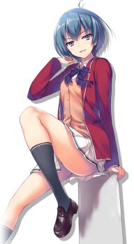 1girl advanced_nurturing_high_school_uniform ahoge arm_support black_socks blazer blue_bow blue_bowtie blue_hair bow bowtie brown_shoes collared_shirt foot_out_of_frame hand_up highres ibuki_mio jacket loafers official_art open_clothes open_jacket pleated_skirt purple_eyes red_jacket ribbon school_uniform shirt shoes short_hair simple_background sitting skirt smile socks solo tomose_shunsaku transparent_background white_shirt white_skirt youkoso_jitsuryoku_shijou_shugi_no_kyoushitsu_e