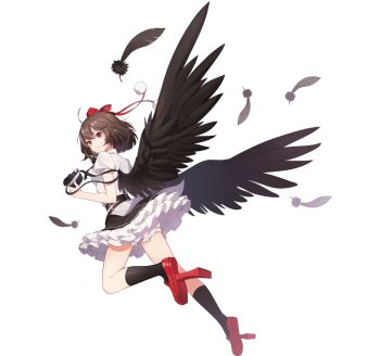 Rule 34 | 1girl, artist request, bird wings, black socks, bloomers, brown wings, camera, falling feathers, feathered wings, feathers, full body, game asset, geta, grin, hat, holding, holding camera, kneehighs, leg up, looking at viewer, non-web source, official art, pointy ears, pom pom (clothes), puffy short sleeves, puffy sleeves, red eyes, red hat, red shoes, self-datamine, shameimaru aya, shirt, shoes, short hair, short sleeves, simple background, smile, socks, solo, tengu-geta, tokin hat, touhou, touhou arcadia record, transparent background, underwear, white bloomers, white shirt, wings