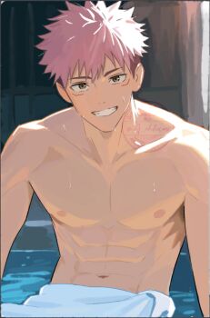 1boy a_ohkami itadori_yuuji jujutsu_kaisen looking_at_viewer male_focus muscular muscular_male nipples pectorals pink_hair short_hair smile solo teeth topless_male towel towel_around_waist