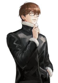 1boy 2vxzlkj23ogfsf ace_of_diamond black-framed_eyewear black_jacket brown_hair closed_mouth commentary_request fur-trimmed_jacket fur-trimmed_sleeves fur_trim hand_in_pocket high_collar highres jacket korean_commentary male_focus miyuki_kazuya semi-rimless_eyewear short_hair simple_background solo under-rim_eyewear white_background yellow_eyes zipper
