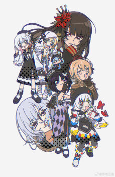 6+girls absurdres beret black_gloves black_hair black_hat black_jacket blonde_hair blush_stickers bow bug butterfly chinese_commentary closed_mouth commentary_request epaulettes flower gloves grey_hair hair_flower hair_ornament hasumi_leia hat highres hikami_meruru holding holding_spray_can housho_margo insect jacket japanese_clothes jogasaki_noah kimono long_hair long_sleeves looking_at_viewer mahou_shoujo_no_majo_saiban multi-tied_hair multicolored_hair multiple_girls nikaido_hiro noose open_mouth pink_eyes polka_dot polka_dot_bow purple_eyes purple_kimono red_butterfly red_eyes red_flower retro_artstyle sakuraba_ema short_hair simple_background smile spoilers spray_can standing streaked_hair tachibana_sherry tsukishiro_yuki white_background white_flower white_hair yang_yu_sanjiao