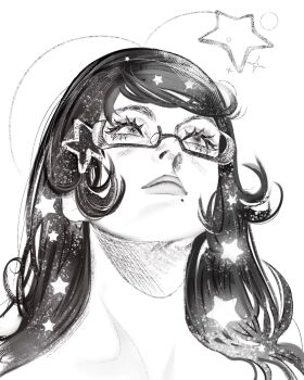 1girl bayonetta bayonetta_(series) commentary english_commentary eyelashes glasses highres lips long_hair looking_up mole mole_under_mouth portrait simple_background solo sparkle star_(symbol) swept_bangs valemi_bird white_background