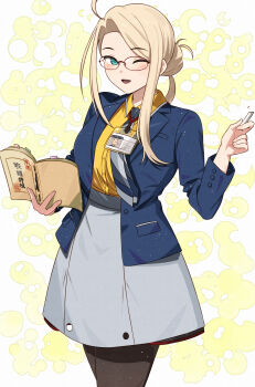 1girl alternate_costume aqua_eyes bespectacled black_pantyhose blonde_hair blue_jacket book chalk clover_background commentary_request glasses grey_skirt highres jacket kanmiya_shinobu kantai_collection long_hair looking_at_viewer one_eye_closed pantyhose shirt skirt solo teacher wasp_(kancolle) yellow_background yellow_shirt