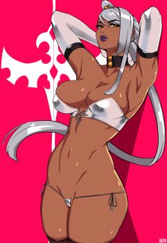1girl absurdres alecto_0 arms_behind_head black_collar breasts cameltoe code_geass collar cropped_legs dark-skinned_female dark_skin elbow_gloves gloves highres large_breasts lingerie long_hair magenta_background pink_background ponytail silver_bra silver_hair silver_panties solo symbol underwear villetta_nu white_gloves yellow_eyes