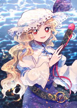 1girl :d belt black_belt blonde_hair breasts buttons collared_dress cowboy_shot dress fingernails hand_fan hand_up hat holding holding_fan itomugi-kun long_hair long_sleeves looking_at_viewer medium_breasts mob_cap ocean open_mouth red_eyes sidelocks smile solo touhou watatsuki_no_toyohime wavy_hair white_dress white_hat