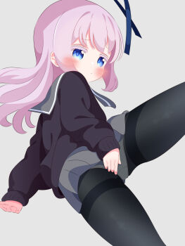 1girl ass black_cardigan black_pantyhose blue_eyes blue_ribbon blush cardigan crotch_seam embarrassed from_behind grey_background grey_neckerchief grey_skirt hair_ribbon hand_on_own_ass highres loli long_hair long_sleeves looking_at_viewer looking_back lying neckerchief open_mouth panties panties_under_pantyhose pantyhose pink_hair r245 ribbon school_uniform sengoku_kamuri skirt slow_start underwear white_panties