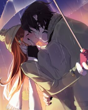 1boy 1girl arm_around_waist artist_name black_gloves black_hair black_nails bleach brown_hair commentary couple english_commentary facial_mark fingerless_gloves gloves grey_hat grey_jacket hair_between_eyes hair_ornament hand_on_another's_cheek hand_on_another's_face hat hetero highres holding holding_umbrella inoue_orihime jacket keitoz kiss long_hair nail_polish parted_bangs pink_gloves pom_pom_hat_ornament rain scarf short_hair snowflake_hair_ornament ulquiorra_cifer umbrella upper_body white_scarf