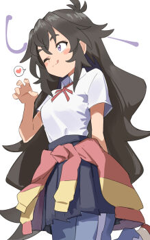 1girl :q black_hair blue_pants blush_stickers closed_mouth clothes_around_waist collared_shirt do_it_yourself!! gazacy_(dai) heart highres jacket jacket_around_waist kouki_kokoro long_hair one_eye_closed pants pants_under_skirt pleated_skirt purple_eyes shirt shirt_tucked_in short_sleeves skirt solo spoken_heart standing standing_on_one_leg text_background tongue tongue_out very_long_hair white_background white_shirt