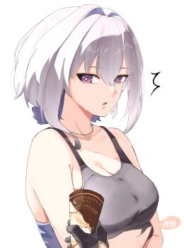 1girl ^^^ absurdres alternate_costume arms_under_breasts artist_name ayoungart bare_shoulders black_gloves breasts cleavage collarbone commentary crossed_arms english_commentary galbrena_(wuthering_waves) gloves grey_hair hair_between_eyes highres holding holding_ice_cream_cone ice_cream_cone jewelry large_breasts looking_at_viewer male_rover_(wuthering_waves) medium_hair necklace pov pov_hands purple_eyes rover_(wuthering_waves) simple_background solo_focus typo upper_body whip wuthering_waves