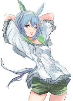 1girl animal_ears arms_behind_head blue_eyes blush breasts choker closed_mouth commentary_request ear_covers flower green_sailor_collar green_shorts grey_hair hair_between_eyes hair_flower hair_ornament hairclip horse_ears horse_girl horse_tail looking_at_viewer sailor_collar seiun_sky_(reeling_in_the_big_one)_(umamusume) seiun_sky_(umamusume) shirt short_hair shorts simple_background single_ear_cover small_breasts smile solo sunflower sunflower_hair_ornament tail tongue tongue_out umamusume white_background white_shirt yanagi_wakana