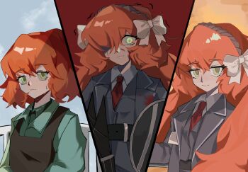3girls apron blood blood_on_face bow brown_apron collared_shirt crazy dress_shirt freckles green_eyes green_shirt grey_jacket grey_vest hair_bow hairband highres ishmael_(project_moon) ishmael_(the_pequod)_(project_moon) jacket lapels limbus_company long_hair miliniboxx multiple_girls multiple_persona necktie nervous orange_hair project_moon red_necktie shield shirt short_hair smile sweat trembling vellmori_(style) very_long_hair vest