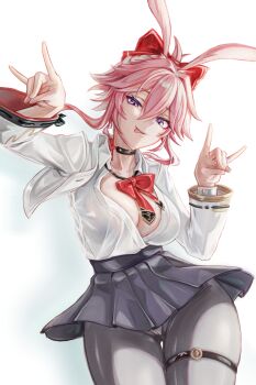 1girl :p absurdres animal_ears black_pantyhose black_skirt bow bowtie breasts collared_shirt commentary cropped_jacket double_fox_shadow_puppet evanescia_(honkai:_star_rail) fox_ears fox_girl fox_shadow_puppet hair_between_eyes hair_bow highres honkai:_star_rail honkai_(series) jacket large_breasts long_sidelocks looking_at_viewer mikasciii open_clothes open_jacket pantyhose partially_unbuttoned pink_hair pleated_skirt purple_eyes red_bow red_bowtie shirt short_hair sidelocks simple_background skirt solo thigh_strap tongue tongue_out white_background white_jacket white_shirt