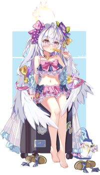 Rule 34 | 1girl, absurdres, angel wings, azusa (blue archive), azusa (swimsuit) (blue archive), barefoot, bead necklace, beads, bikini, blue archive, blush, bow on wing, crescent halo, feathered wings, flower, food, food-themed hair ornament, food print, frilled bikini, frills, fruit print, hair between eyes, hair flower, hair ornament, halo, highres, jewelry, long hair, looking at viewer, navel, necklace, official alternate costume, orange hair ornament, orange print, popsicle, purple eyes, purple flower, ribbon-trimmed bikini, ribbon-trimmed swimsuit, ribbon trim, sitting, solo, strapless, strapless bikini, swimsuit, watermelon hair ornament, white hair, white wings, whitecatcat, winged halo, wings, yellow halo