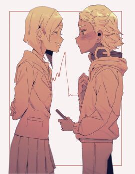 Rule 34 | 2girls, blush, closed eyes, commentary, doumeki parker, eizouken ni wa te wo dasu na!, from side, headphones, headphones around neck, highres, mizusaki tsubame, multiple girls, school uniform, shibahama high school uniform, short hair, skirt, smile, sweat, takao (88499191)