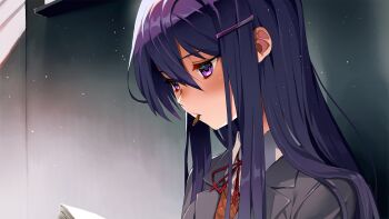 1girl against_wall blazer blush book brown_sweater_vest button_gap chocolate collared_shirt commentary doki_doki_literature_club doki_doki_literature_club_school_uniform double-parted_bangs dress_shirt eating english_commentary eyebrows_hidden_by_hair food_in_mouth from_side game_cg grey_jacket hair_ornament hairclip half-closed_eyes highres holding holding_book jacket long_eyelashes long_hair long_sidelocks long_sleeves looking_down mouth_hold neck_ribbon non-web_source official_art open_book parted_lips portrait purple_eyes purple_hair reading red_ribbon ribbon satchely school_uniform shirt sidelocks solo sparkling_eyes sweater_vest thick_eyelashes v-neck white_shirt wing_collar yuri_(doki_doki_literature_club)