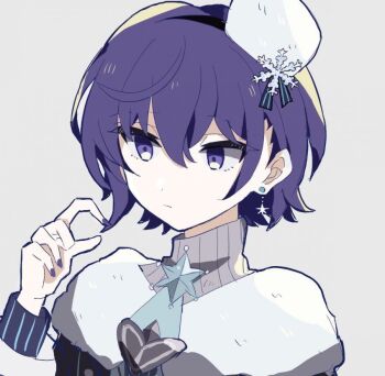 1girl argyle_clothes argyle_coat artist_request asahina_mafuyu closed_mouth coat dress earrings fingernails fur-trimmed_sleeves fur_trim grey_background hat_ornament jacket jewelry long_sleeves majiwaru_senritsu_tomoru_nukumori_(project_sekai) official_alternate_costume official_alternate_hair_length official_alternate_hairstyle project_sekai purple_eyes purple_hair short_hair simple_background snowflake_earrings snowflake_hat_ornament snowflake_pendant solo triple_vertical_stripe