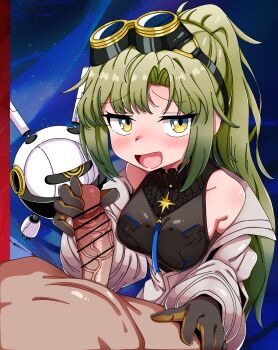 Rule 34 | 1boy, 1girl, arcaea, bar censor, bare shoulders, bdsm, black gloves, black shirt, black skirt, blush, breasts, censored, curtained hair, femdom, glansjob, gloved handjob, gloves, goggles, green hair, handjob, high ponytail, highres, jacket, leather, leather skirt, maigo no haien, medium breasts, medium hair, mesugaki, nonoka (arcaea), penis milking, ponytail, pov, sadism, seductive smile, see-through clothes, shirt, skirt, smile, solo, two-tone gloves, white jacket, white sleeves, yellow eyes, yellow gloves