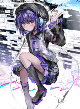 1girl abstract_background absurdres against_wall beret black_boots blush boots collared_shirt full_body hair_between_eyes hand_of_benediction hat highres knee_blush medium_hair necktie purple_eyes purple_hair purple_necktie rubber_boots shirt sitting skirt sleeves_past_wrists solo unagizaka_gohan utane_uta utau w