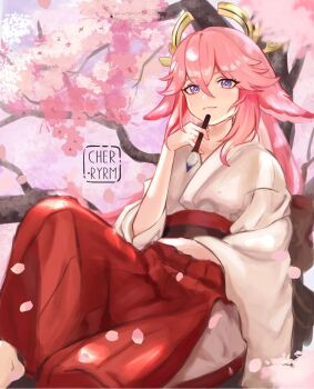 1girl animal_ears art_brush artist_logo between_fingers cherry_blossoms closed_mouth ears_down eyes_visible_through_hair feet_out_of_frame flower fox_ears genshin_impact hair_between_eyes hakama hakama_pants hand_up highres holding holding_brush in_tree japanese_clothes kimono light_smile logo long_hair long_sleeves looking_at_viewer obi on_branch on_tree paintbrush pants petals pink_hair plant pleated_pants purple_eyes red_flower red_pants red_sash ryrmcher sash signature sitting sitting_in_tree sitting_on_branch solo tree watermark white_kimono wide_sleeves yae_miko