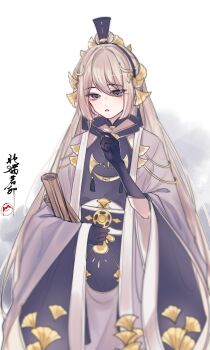 Rule 34 | 1boy, absurdres, androgynous, bamboo slips, black gloves, black hanfu, black robe, black sash, blue eyes, candied ginkgo nut (the tale of food), catrom nya, chinese clothes, chinese commentary, coat, commentary request, cowboy shot, daxiushan, elbow gloves, ginkgo leaf, gloves, gradient background, grey coat, grey hair, hair between eyes, hair ornament, halterneck, hand up, hanfu, highres, holding, holding scroll, leaf, leaf hair ornament, long hair, long sleeves, looking down, male focus, mole, mole under eye, open clothes, open coat, robe, sash, scroll, seal impression, solo, standing, the tale of food, triangle mouth, very long hair, waist sash, white background, xiao guan (headdress)