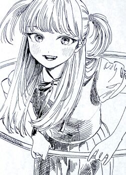 1girl akebi-chan_no_serafuku bare_arms blush collared_shirt cropped hair_over_shoulder highres hiro_(dismaless) holding holding_toy hoop hula_hoop kizaki_erika long_hair looking_at_viewer monochrome neck_ribbon pleated_skirt ribbon shadow shirt simple_background skirt sleeveless sleeveless_sweater smile solo sweater swept_bangs teeth toy two_side_up white_background