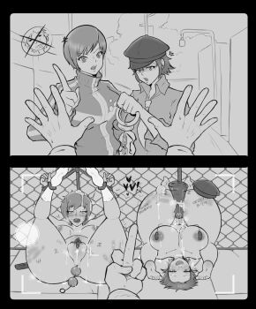 absurdres ahegao anal anal_beads atlus bdsm body_writing bondage bound breasts completely_nude cuffs cum cum_in_pussy cumdrip defeat dildo fucked_silly greyscale handcuffs heart highres instant_loss kubo_mitsuo megami_tensei middle_finger mind_break monochrome multiple_girls nayaase_beleguii nude object_insertion persona persona_4 post_sex pussy_juice recording satonaka_chie sex_toy shirogane_naoto vaginal vaginal_object_insertion vibrator viewfinder