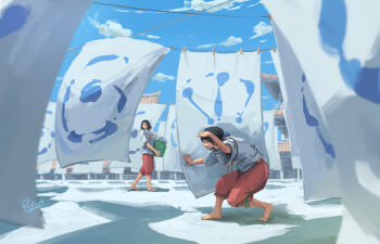 Rule 34 | 2girls, absurdres, architecture, barefoot, basket, black hair, blue sky, building, clothesline, cloud, commentary, day, drying, drying clothes, east asian architecture, hand on own head, hiding, highres, holding, holding basket, laundry basket, looking at viewer, multiple girls, original, outdoors, red shorts, ribbon-trimmed shorts, ribbon trim, ryon40716441, scenery, shadow, shirt, short hair, shorts, signature, sky, squatting, three-quarter sleeves, towel, walking, white shirt