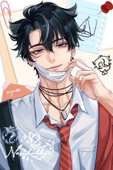 Rule 34 | 1boy, artist name, black hair, blue eyes, breast pocket, chibi, closed mouth, collarbone, collared shirt, commentary, ear piercing, earrings, english commentary, equation, facial scar, genshin impact, geometry, grey hair, hair between eyes, hand up, highres, jewelry, looking at viewer, male focus, mask, mask pull, math, mouth mask, multicolored hair, nasybabhat, necklace, paper, paperclip, parted bangs, piercing, pocket, pushpin, scar, scar on cheek, scar on face, scar on neck, shirt, short hair, signature, smile, solo, sparkle, sticky note, streaked hair, tape, upper body, white mask, white shirt, wriothesley (genshin impact)