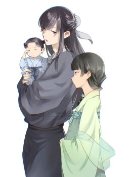 1boy 1girl 1other anisatoshii baby beads black_shirt blue_robe blunt_bangs bun_cover carrying carrying_baby carrying_person chinese_clothes closed_eyes cowboy_shot double_bun family green_hair green_robe hair_beads hair_bun hair_ornament hair_over_shoulder half_updo if_they_mated jinshi_(kusuriya_no_hitorigoto) kusuriya_no_hitorigoto looking_at_another maomao_(kusuriya_no_hitorigoto) parent_and_child parted_bangs parted_lips purple_hair robe rubbing_eyes see-through_scarf shirt sidelocks swept_bangs white_background