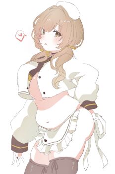 1girl apron arm_behind_head artist_request beret black_thighhighs blush bottomless bready_(nikke) breasts brown_eyes brown_hair crop_top frilled_apron frills from_side goddess_of_victory:_nikke hair_over_shoulder hair_ribbon hat heart large_breasts long_hair low_twintails mugimugimu plump ribbon shirt skindentation solo spoken_heart standing thighhighs tongue tongue_out twintails underboob white_apron white_background white_hat white_shirt yellow_ribbon