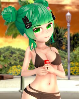 1girl 3d absurdres alternate_hairstyle animal_hair_ornament bikini black_bikini blunt_bangs blurry blurry_background blush breasts bush can cleavage cloud coca-cola collarbone dango_hair_ornament double_bun drink_can food-themed_hair_ornament freckles green_eyes green_hair hair_bun hair_ornament highres holding indie_virtual_youtuber jewelry lakaori lakaori_(artist) lamppost looking_at_viewer medium_breasts necklace orange_sky outdoors palm_tree rabbit_hair_ornament ring short_hair sky smile soda soda_can solo swimsuit tree upper_body virtual_youtuber